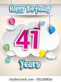 41st birthday Celebration Design, with clouds and balloons. Design greeting card and invitation for the celebration party of forty one years anniversary