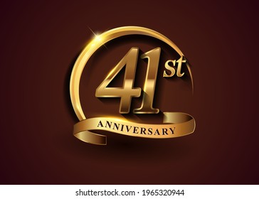 41st golden anniversary logo with gold ring and golden ribbon, vector design for birthday celebration, invitation card.