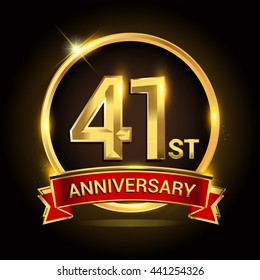41st golden anniversary logo with ring and red ribbon isolated on black background, vector design for birthday celebration, marriage, corporate, and your business.