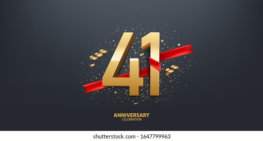 41st Year anniversary celebration background. 3D Golden number wrapped with red ribbon and confetti on black background.
