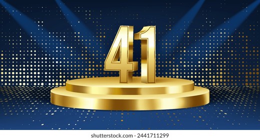 Fondo de la celebración del aniversario 41. Números 3D dorados en un podio redondo dorado, con luces de fondo.
