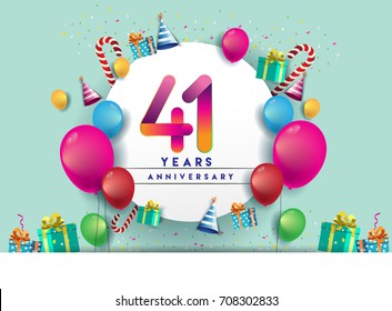 41st years Anniversary Celebration Design with balloons and gift box, Colorful design elements for banner and invitation card.