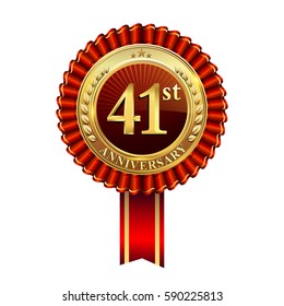 41st years anniversary golden badge with red ribbons isolated on white background, vector design for greeting card, banner and invitation card.