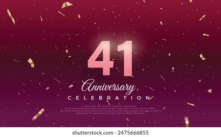 41th Anniversary celebration, 41 Anniversary celebration, Dark purple background, festive illustration,Realistic 3d sign, stars, Pink number with red ribbon 41 sparkling confetti, 41,42
