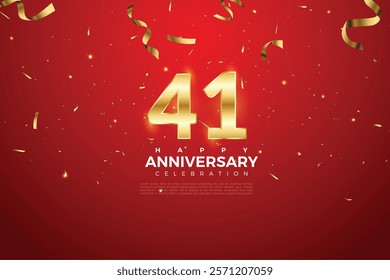 41th Anniversary celebration, 41 Anniversary celebration On Red background for celebration event, festive illustration, Golden number 41 sparkling confetti, 41,42