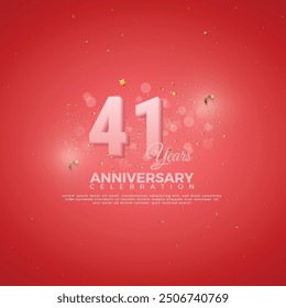 41th Anniversary celebration, 41 Anniversary celebration, Realistic 3d sign, stars, festive illustration, red background with Pink number 41 sparkling confetti, 41,42
