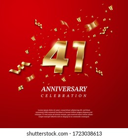 41th Anniversary celebration. Golden number 41 with sparkling confetti, stars, glitters and streamer ribbons on red background. Vector festive illustration. Birthday or wedding party event decoration