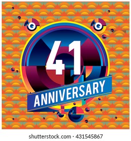41th anniversary logo with colorful circle badge. Anniversary signs illustration. Vibrant colors anniversary logo with geometric shape and circle ring