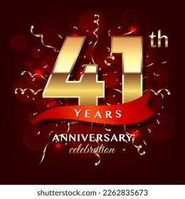 41th Anniversary logo design with golden numbers and red ribbon for anniversary celebration event, invitation, wedding, greeting card, banner, poster, flyer, brochure, book cover. Logo Vector Template