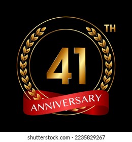 41° Aniversario. Diseño del logotipo del aniversario con Laurel Wreath y Red Ribbon para la celebración, Boda, Invitación, Tarjeta de felicitación. Ilustración del vector de logotipo