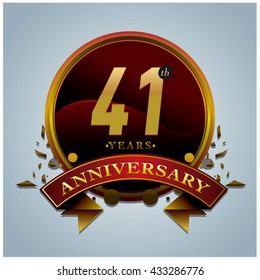 41th anniversary logo with gold circle badge. Anniversary signs illustration. Gold colors anniversary logo with circle ring