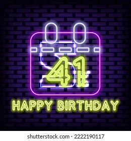 41th Happy Birthday 41 Year old Neon signboards. Bright signboard. Light banner. Trendy design elements. Vector Illustration