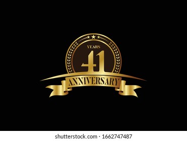 41th years anniversary logo template, vector design birthday celebration, Golden anniversary emblem with ribbon. Design for a booklet, leaflet, magazine, brochure, poster, web, invitation or greeting