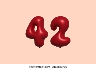 42 globo 3d número hecho de renderización 3d de globo metálico realista. Globos 3D de helio rojo para la venta decoración Fiesta Cumpleaños, Celebración de Aniversario, Fiesta de la Boda. Ilustración del vector
