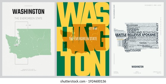 42 of 50 sets, US State Posters with name and Information in 3 Design Styles, Detailed vector art print Washington map