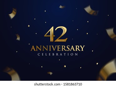  42 Anniversary celebration design on luxury royal blue background with stars, glitters and streamer ribbons. Vector festive illustration. Birthday or wedding party event decoration.