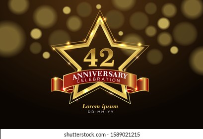 42 Anniversary celebration with golden number and star on luxury brown background. 