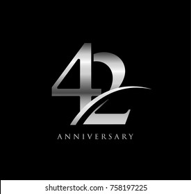 42 anniversary elegance silver logo. linked number with swoosh on black background