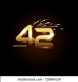 42 Anniversary with fireworks and shiny gold on dark background.Greeting card, banner, poster