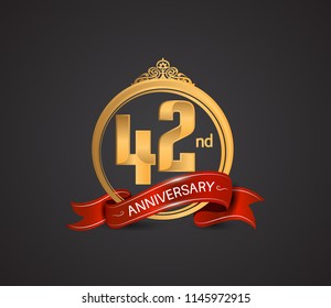 42 anniversary logotype style design luxury  golden color and ornament with warp red ribbon for company celebration event