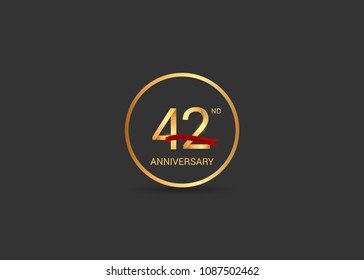 42 anniversary vector design golden color with ring and red ribbon isolated on black background