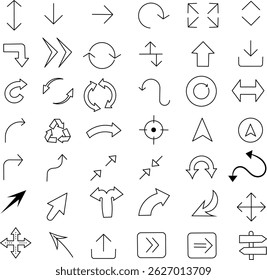 42 Arrow and Direction Icons - Line Style Navigation, Movement and Interface Symbols