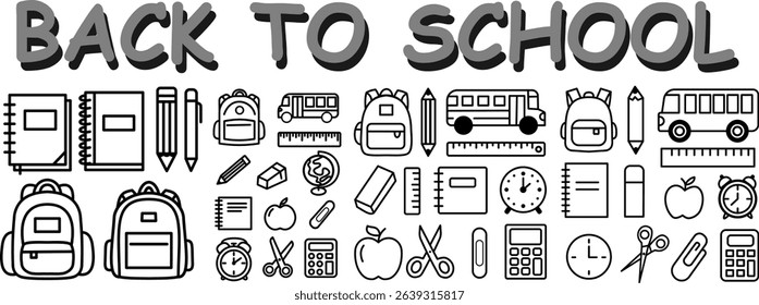42 back to school outline icon set. manual hand trace