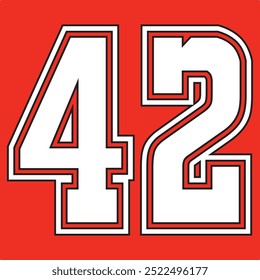 42 Classic Vintage Sport Jersey  Uniform numbers in black with a black outside contour line number on white background for American football, Baseball and Basketball or soccer for shirt
