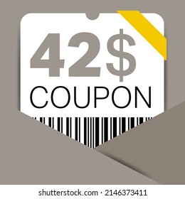 42$ Coupon promotion sale for a website, internet ads, social media gift 42 Dollar off discount voucher. Big sale and super sale coupon discount. Price Tag Mega Coupon discount vector illustration.