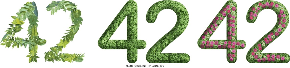 42, design made from green grass, leaves and flower, .suitable for birthday, anniversary and memorial day templates, go green concept	
