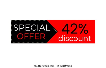42% discount banner. Black and red banner. Offer tag. Shop promotions, commerce sales. Vector design. Forty two percent off.