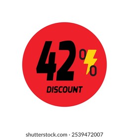 42% discount icon vector a red circular tag with and a yellow lightning bolt symbol.