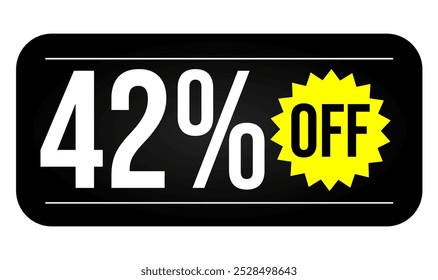 42% discount tag. Black, white and yellow rectangular shape, perfect for marketing promotions, commerce and retail sales