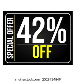 42% discount tag. Black, white and yellow rectangular shape, perfect for retail sales, commerce and 
marketing promotions