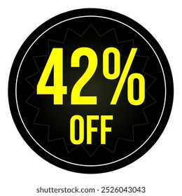42% discount tag, black and yellow round shape, perfect for marketing promotions and retail sales