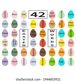 42 Easter words on eggs set. Multi-colored eggs. Group of popular words Happy Easter. Christ's day inscriptions. Festive templates bundle. Jesus resurrection holiday design elements. Vector EPS10