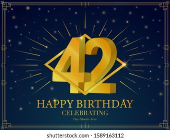 42 Happy birthday anniversary celebration greeting card. With Luxury golden frame, shiny sparkles. Vector 3d illustration background. Typography design poster, celebrating banner, invitation flyer