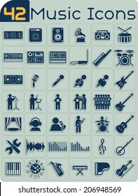 42 Music Icons Vector Set - Music themed icons of studio equipment, singers and instruments. File type: vector EPS AI8 compatible. No transparencies and no gradient fills.  