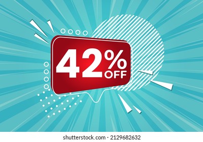 42% off. Blue banner with 42 percent discount on a red balloon for mega big sales. 
