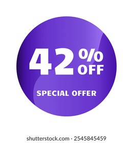 42% off. Forty two percent off, Special Offer. Discount sale banner design template. Discount tag. Vector illustration. Purple Design.