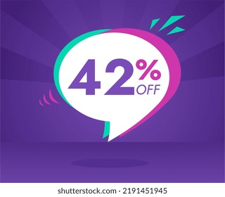 42% off limited special offer. Banner with forty two percent off white circular balloon with purple background