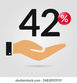 42% off promotion. Forty two percent of discount with hand icon. Sale symbol. Discount creative composition. Vector illustration.