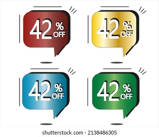 42% de descuento. Pegatinas rojas, amarillas, azules y verdes. Vector con cuatro globos coloridos para ofertas especiales