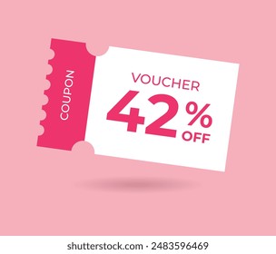 42% off Sale Voucher Coupon. Forty two percent promotion illustration. Tag label, sale banner with discount coupon. Pink Vector gift voucher.