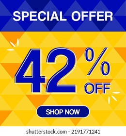 42% percent discoint special offer tag oranje and blue background shop now