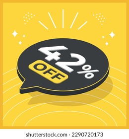 42 por ciento de descuento. Globo flotante 3D con promoción de ventas en fondo amarillo
