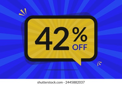 42 percent off. 42% discount. Blue and Yellow banner with floating balloon for promotions and offers.