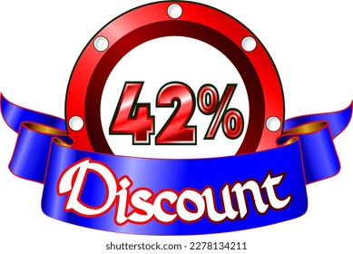 42 percent off, red disk and blue ribbon, vector illustration for wholesale and retail, illustrative art, beautiful percentage % illustration, vector banner. God is good!