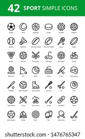 42 Sport simple outline vector icons with football, hockey, soccer, rugby, tennis, moto, bike, baseball and others