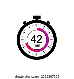 42 timer minutes symbol, 42 min timer clock icon flat design isolated on white background.